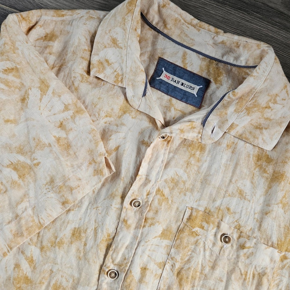32 Bar Blues Mens Short Sleeve Linen Palm Print Button Down Shirt Tan Cream L